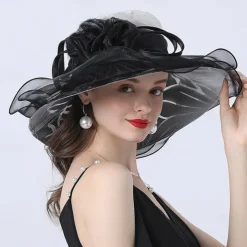Hats Organza Sun Hat Holiday Tea Party Horse Race Cocktail Elegant Vintage Cute With Floral Headpiece Headwear