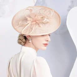 Headbands Flax Sun Hat Saucer Hat Top Hat Wedding Tea Party Elegant Wedding With Feather Ribbons Headpiece Headwear