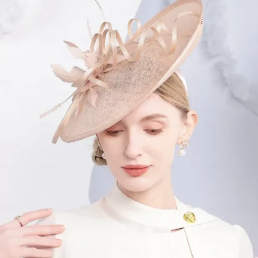 Headbands Flax Sun Hat Saucer Hat Top Hat Wedding Tea Party Elegant Wedding With Feather Ribbons Headpiece Headwear