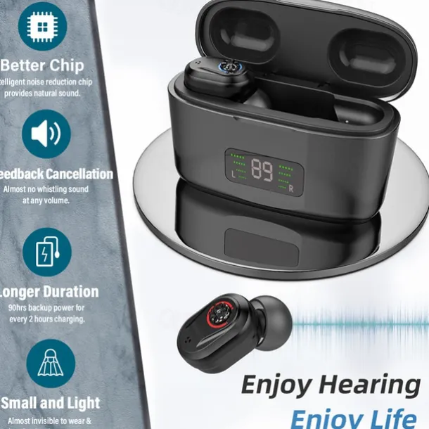 Hearing Aid With Led Charging Case Invisible Hearing Amplifiers Charging Hearing Aid Hearing Devices Hearing Loss Ompensation