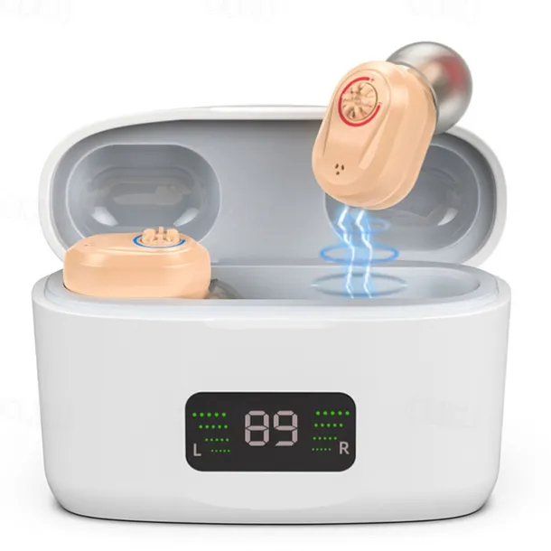 Hearing Aid With Led Charging Case Invisible Hearing Amplifiers Charging Hearing Aid Hearing Devices Hearing Loss Ompensation