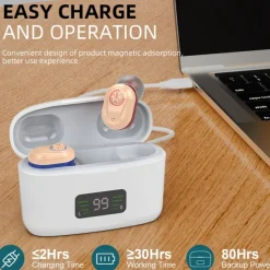 Hearing Aid With Led Charging Case Invisible Hearing Amplifiers Charging Hearing Aid Hearing Devices Hearing Loss Ompensation
