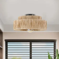 Hemp Rope Ceiling Pendant Light, Hand-Woven Shade, Rattan Wicker, Hand-Woven Hanging Lamp for Living Room, Bedroom, Dining Room, Kitchen 110-240V