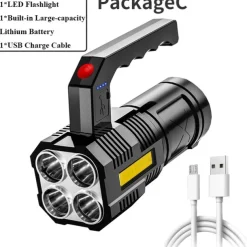 High Power Four-cell LED Flashlight USB Rechargeable Powerful LED Flashlight Camping Super Bright Flashlight Cycling Light