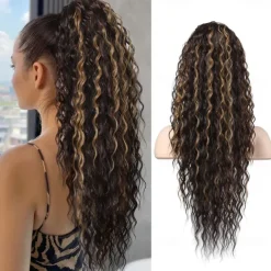 Highlight Drawstring Ponytail Extension PT005 Isabella 26 Long Bohemian Curly Pony Tail Multi Layered Light Soft Clip in Hair Extensions Ponytail Medium Blonde White Blonde Highlights