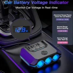 High-Power 120W 7-in-1 Car Charger with 3 Sockets and 4 USB Ports - Individual Switches LED Voltage Display for Efficient Multi-Device Charging
