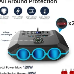 High-Power 120W 7-in-1 Car Charger with 3 Sockets and 4 USB Ports - Individual Switches LED Voltage Display for Efficient Multi-Device Charging