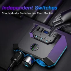 High-Power 120W 7-in-1 Car Charger with 3 Sockets and 4 USB Ports - Individual Switches LED Voltage Display for Efficient Multi-Device Charging