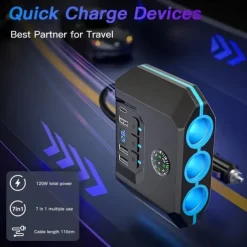 High-Power 120W 7-in-1 Car Charger with 3 Sockets and 4 USB Ports - Individual Switches LED Voltage Display for Efficient Multi-Device Charging