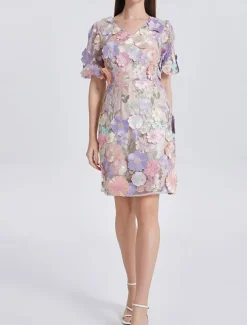 H-Line Mini Dresses Elegant Dress Wedding Wedding Guest Short Sleeve Puff Sleeve V Neck with Floral Embroidery Lace