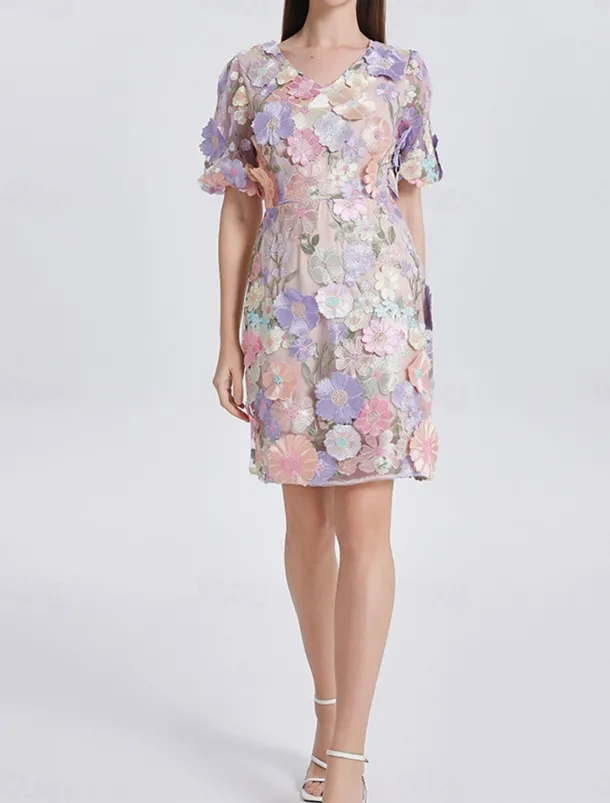 H-Line Mini Dresses Elegant Dress Wedding Wedding Guest Short Sleeve Puff Sleeve V Neck with Floral Embroidery Lace