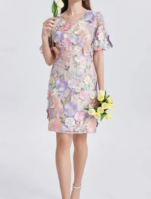 H-Line Mini Dresses Elegant Dress Wedding Wedding Guest Short Sleeve Puff Sleeve V Neck with Floral Embroidery Lace