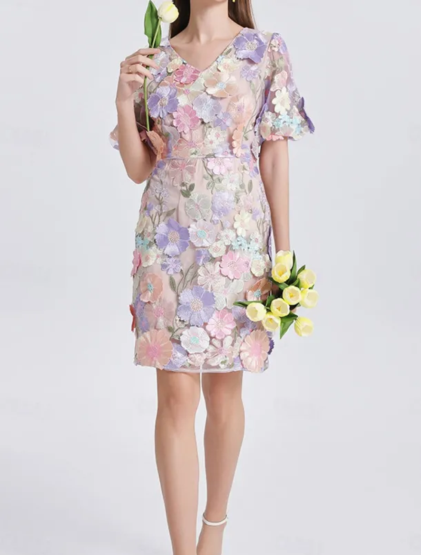 H-Line Mini Dresses Elegant Dress Wedding Wedding Guest Short Sleeve Puff Sleeve V Neck with Floral Embroidery Lace