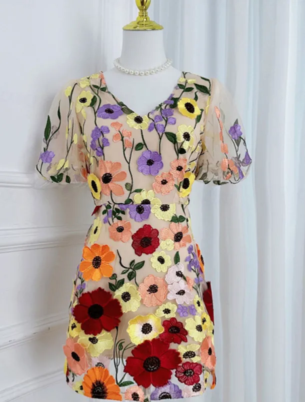 H-Line Mini Dresses Elegant Dress Wedding Wedding Guest Short Sleeve Puff Sleeve V Neck with Floral Embroidery Lace
