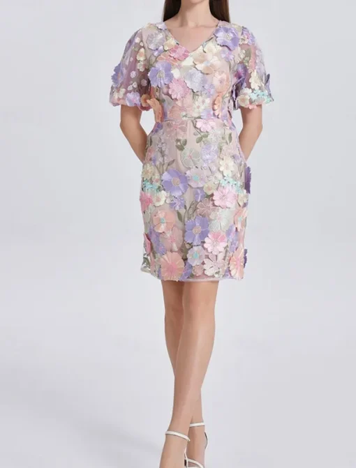 H-Line Mini Dresses Elegant Dress Wedding Wedding Guest Short Sleeve Puff Sleeve V Neck with Floral Embroidery Lace