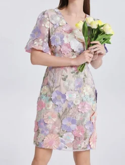 H-Line Mini Dresses Elegant Dress Wedding Wedding Guest Short Sleeve Puff Sleeve V Neck with Floral Embroidery Lace