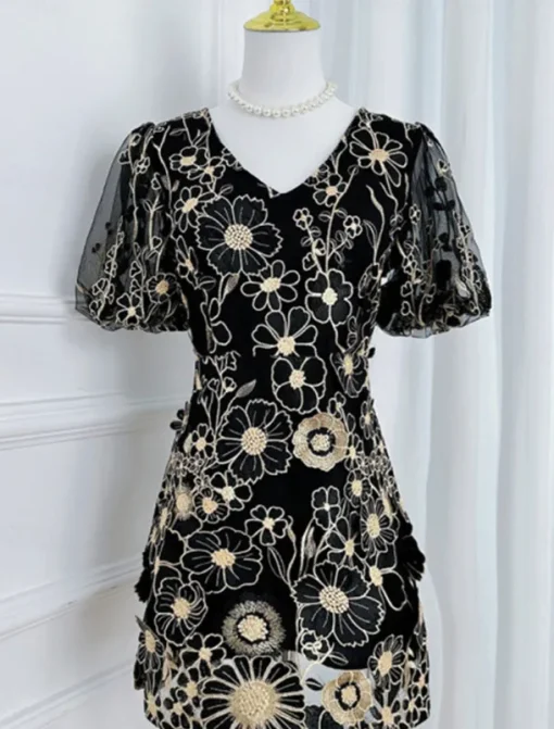 H-Line Mini Dresses Elegant Dress Wedding Wedding Guest Short Sleeve Puff Sleeve V Neck with Floral Embroidery Lace