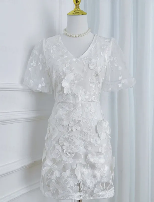 H-Line Mini Dresses Elegant Dress Wedding Wedding Guest Short Sleeve Puff Sleeve V Neck with Floral Embroidery Lace