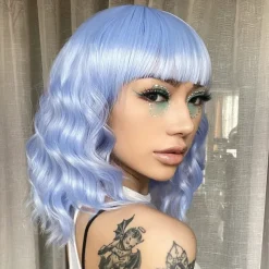 Hot Pink Wig with Bangs Short Bob Wavy Curly Wig Shoulder Length Hot Pink Wigs for Women Synthetic Hair Colorful Wig for Halloween Costume Cosplay 14 Inch