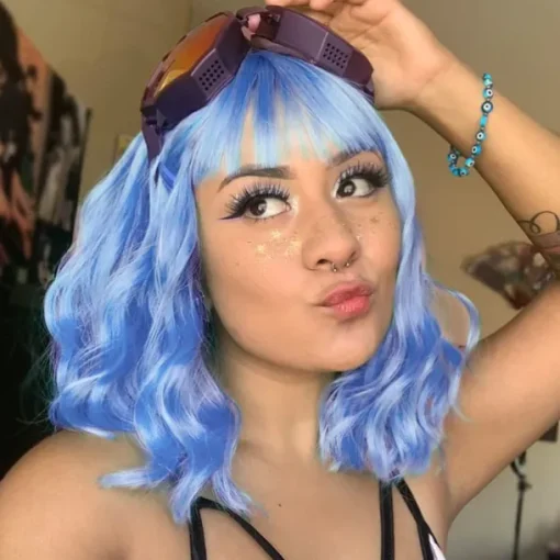 Hot Pink Wig with Bangs Short Bob Wavy Curly Wig Shoulder Length Hot Pink Wigs for Women Synthetic Hair Colorful Wig for Halloween Costume Cosplay 14 Inch