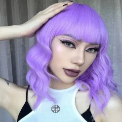 Hot Pink Wig with Bangs Short Bob Wavy Curly Wig Shoulder Length Hot Pink Wigs for Women Synthetic Hair Colorful Wig for Halloween Costume Cosplay 14 Inch