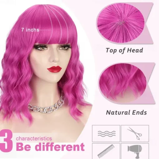 Hot Pink Wig with Bangs Short Bob Wavy Curly Wig Shoulder Length Hot Pink Wigs for Women Synthetic Hair Colorful Wig for Halloween Costume Cosplay 14 Inch