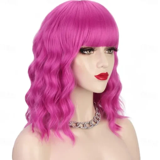 Hot Pink Wig with Bangs Short Bob Wavy Curly Wig Shoulder Length Hot Pink Wigs for Women Synthetic Hair Colorful Wig for Halloween Costume Cosplay 14 Inch