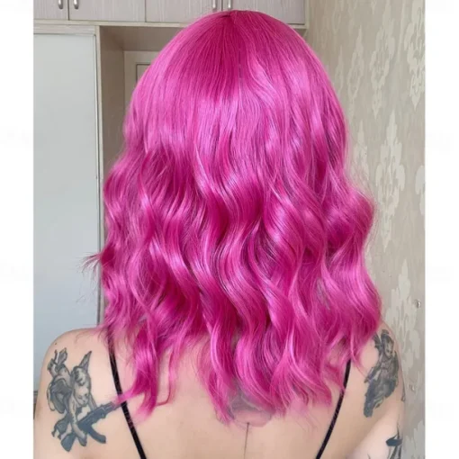 Hot Pink Wig with Bangs Short Bob Wavy Curly Wig Shoulder Length Hot Pink Wigs for Women Synthetic Hair Colorful Wig for Halloween Costume Cosplay 14 Inch