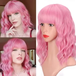 Hot Pink Wig with Bangs Short Bob Wavy Curly Wig Shoulder Length Hot Pink Wigs for Women Synthetic Hair Colorful Wig for Halloween Costume Cosplay 14 Inch