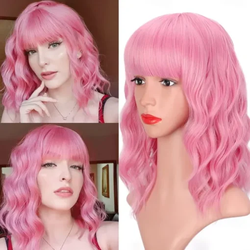 Hot Pink Wig with Bangs Short Bob Wavy Curly Wig Shoulder Length Hot Pink Wigs for Women Synthetic Hair Colorful Wig for Halloween Costume Cosplay 14 Inch