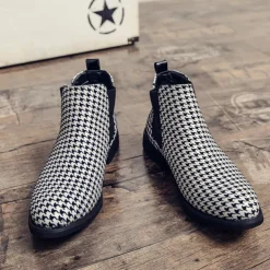 Houndstooth Pattern Men's Chelsea Boots – Classic Slip-On Ankle Boots with Elastic Side Panels for Formal and Casual Occasions