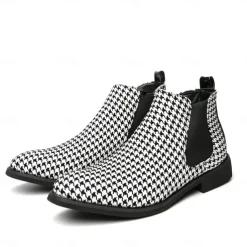 Houndstooth Pattern Men's Chelsea Boots – Classic Slip-On Ankle Boots with Elastic Side Panels for Formal and Casual Occasions