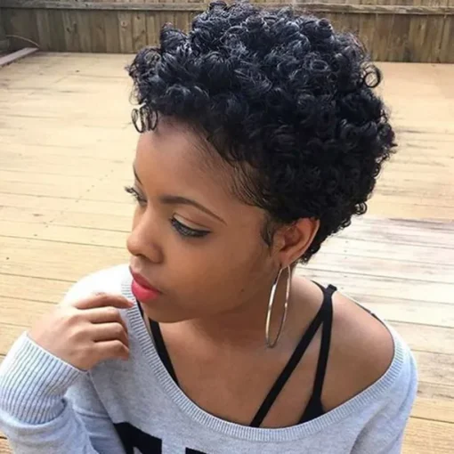 Human Hair Blend Wig Afro Curly Pixie Cut Machine Made Natural Black #1B Medium Brown Dark Wine Daily