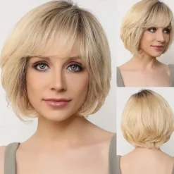 Human Hair Blend Wig Short Natural Straight Pixie Cut Side Part Layered Haircut Asymmetrical Brown Cosplay Curler & straightener Natural Hairline Capless Brazilian Hair Women's All Black / Blonde 14