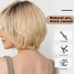 Human Hair Blend Wig Short Natural Straight Pixie Cut Side Part Layered Haircut Asymmetrical Brown Cosplay Curler & straightener Natural Hairline Capless Brazilian Hair Women's All Black / Blonde 14