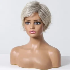 Human Hair Blend Wig Short Straight Natural Straight Bob Pixie Cut Side Part Layered Haircut Blonde Cosplay Curler & straightener Natural Hairline Capless Burmese Hair Women's All Sliver White 8 inch