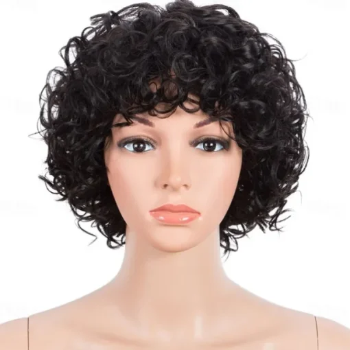 Human Hair Wig Curly With Bangs Black Soft Women Easy dressing Capless Brazilian Hair Women's Natural Black #1B 8 inch Party / Evening Daily Daily Wear
