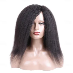 Human Hair Wig Short Medium Length kinky Straight Yaki Straight Side Part With Bangs Black Natural Color Natural Black Women Adjustable Thick Machine Made Capless Brazilian Hair All Natural Black #1B