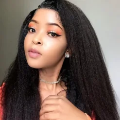 Human Hair Wig Short Medium Length kinky Straight Yaki Straight Side Part With Bangs Black Natural Color Natural Black Women Adjustable Thick Machine Made Capless Brazilian Hair All Natural Black #1B