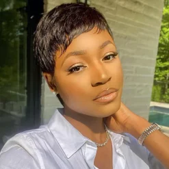 Human Hair Wig Short Natural Straight Pixie Cut Natural Black Adjustable Natural Hairline For Black Women Machine Made Capless Brazilian Hair Women's Natural Black #1B 6 inch Daily Wear Party