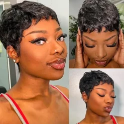 Human Hair Wig Short Natural Straight Pixie Cut Natural Black Adjustable Natural Hairline For Black Women Machine Made Capless Brazilian Hair Women's Natural Black #1B 6 inch Daily Wear Party