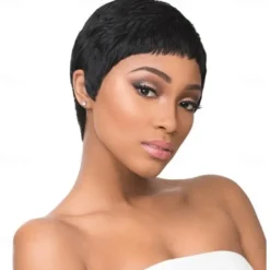 Human Hair Wig Short Natural Straight Pixie Cut Natural Black Adjustable Natural Hairline For Black Women Machine Made Capless Brazilian Hair Women's Natural Black #1B 6 inch Daily Wear Party