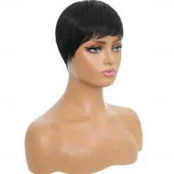 Human Hair Wig Short Natural Straight Pixie Cut Natural Black Adjustable Natural Hairline For Black Women Machine Made Capless Brazilian Hair Women's Natural Black #1B 6 inch Daily Wear Party