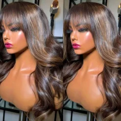 Human Hair 5x5 Closure 13x4 Lace Front Wig With Bangs Brazilian Hair Body Wave Brown Multi-color Wig 130% 150% Density Highlighted / Balayage Hair Glueless Pre-Plucked For Women Long Human Hair Lace