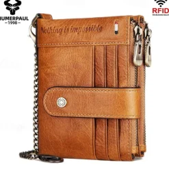 HUMERPAUL Men Wallets Slim Leather Bifold Hasp Short Male Purse Coin Pouch Multi-functional Cards Wallet Chain Bag Quality