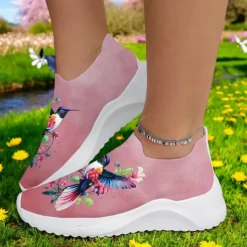 Hummingbird Print Flyknit Sneakers with Breathable Upper, Flexible Sole and Comfortable Design for Everyday Casual Outfits