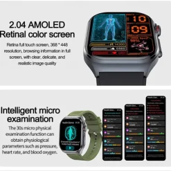 iMosi ET585 Smart Watch 2.04 inch Smartwatch Fitness Running Watch Bluetooth ECG+PPG Temperature Monitoring Pedometer Compatible with Android iOS Women Men Hands-Free Calls Waterproof Media Control