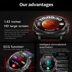 iMosi ET492 Smart Watch 1.43 inch Smartwatch Fitness Running Watch Bluetooth ECG+PPG Temperature Monitoring Pedometer Compatible with Android iOS Women Men Hands-Free Calls Waterproof Media Control