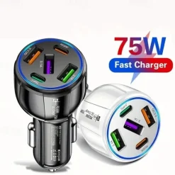 5-in-1 Dual line Car Charger 75W Quick Charge One Tow Five 3USB2PD Car Phone Charger