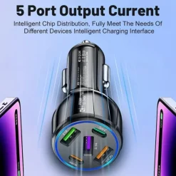 5-in-1 Dual line Car Charger 75W Quick Charge One Tow Five 3USB2PD Car Phone Charger